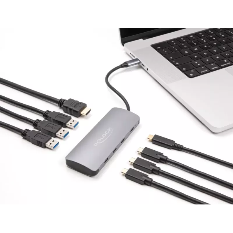 USB-C jaotur DELOCK 64323 — USB 3.2 Gen 2 USB-C host, HDMI + 2× USB-A + 2× USB-C, 10 Gbit/s, hall