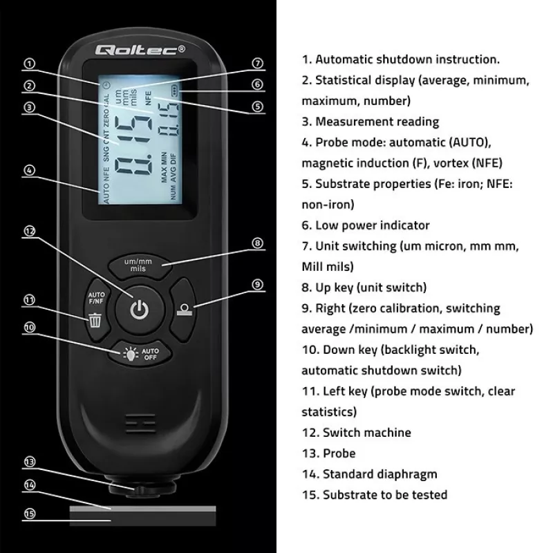 Kattekihi paksuse mõõtur QOLTEC 50646 LCD 0–2000 µm