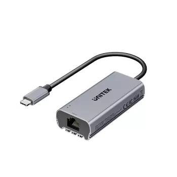 USB-C–RJ45 adapter Unitek U1343AGY01 — 5 Gbps Ethernet, USB-C (isane) RJ45 (emane), hall, 0,15 m kaabel