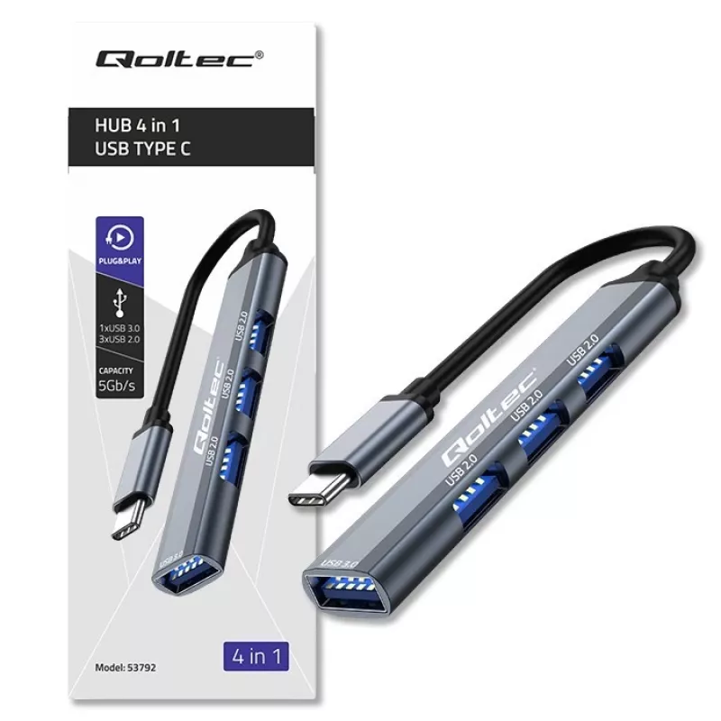 USB-jaotur QOLTEC 53792, USB-C 3.1 4-pordiline (USB 3.0 x1, USB 2.0 x3)