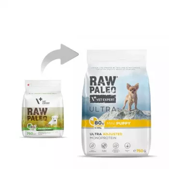 Kuiv koeratoit VETEXPERT Raw Paleo Ultra Mini Puppy Turkey 750 g — väikest tõugu kutsikatele mõeldud graanulid, 30% valku, 14% rasva
