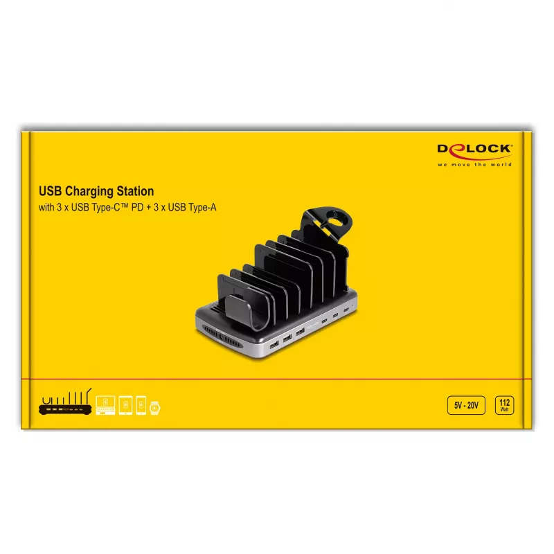 DeLOCK USB laadimisjaam 3 x USB USB-C PD 3 x USB Type-A 112 W