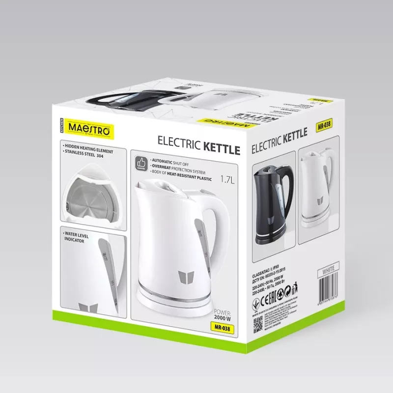Elektriline veekeetja Maestro MR-038-Valge, 1,7 L, 2000 W, juhtmevaba, automaatne väljalülitus