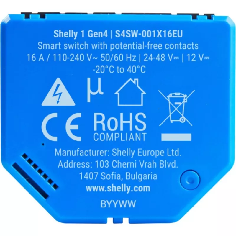 Nutikalt lüliti Shelly 1 Gen4, juhtmevaba, 240 V AC, Bluetooth 5.0 / Wi‑Fi / ZigBee, plastkorpus, 42×16×37 mm, pakis 2 tk