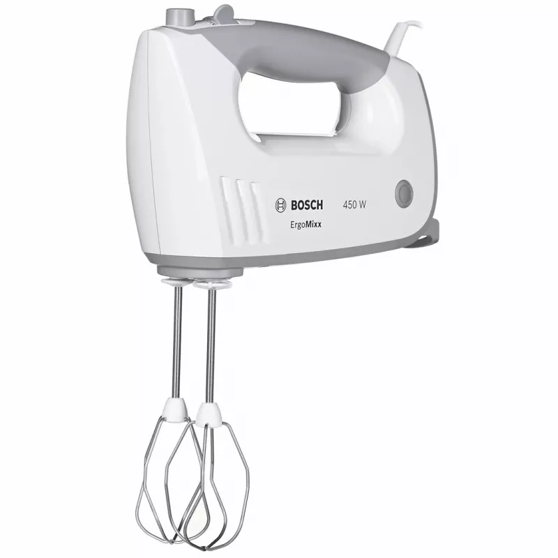 Käsisegisti Bosch MFQ36480 – 450 W, 5 kiirust turboga, hall/valge, visplid ja taignakonksud