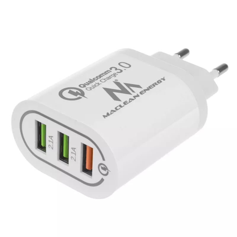 Seinalaadija MACLEAN MCE479W — 3-pordiline USB-kiirlaadija, koguvõimsus 18 W