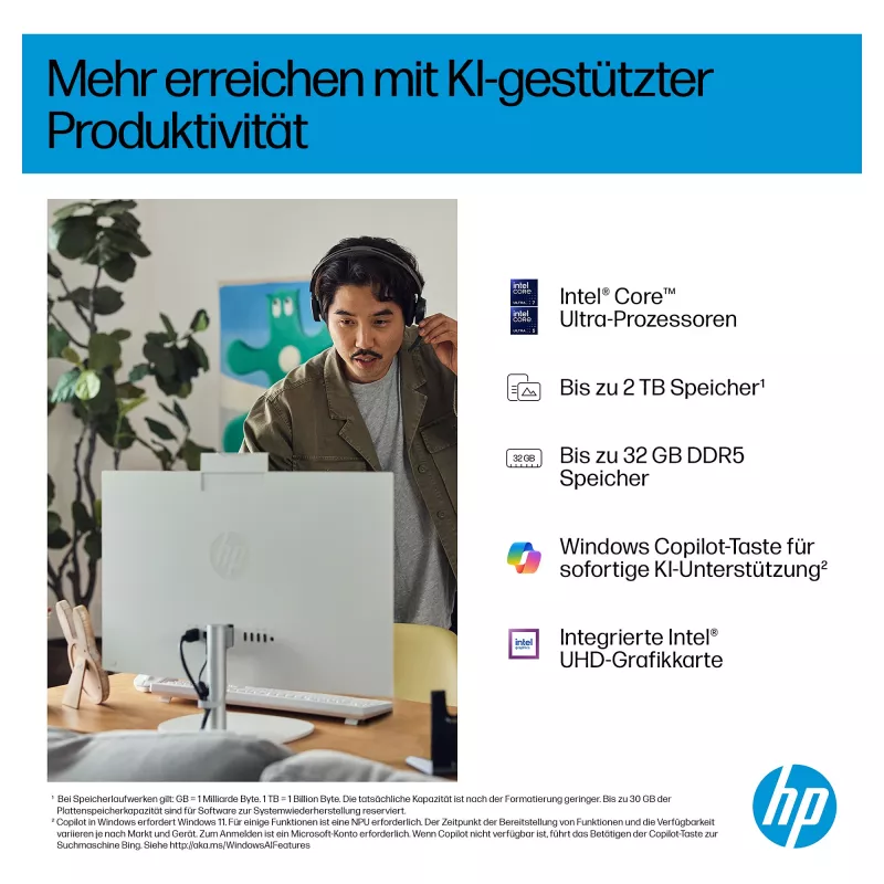 HP AI 27-cr2275ng - Kõik-ühes (Terviklahendus) - Core Ultra 7 255U - RAM 16 GB - SSD 512 GB - NVMe - Intel Graphics - 1GbE, Bluetooth 5.3, Wi-Fi 6 - WLAN: 802.11a/b/g/n/ac/ax,