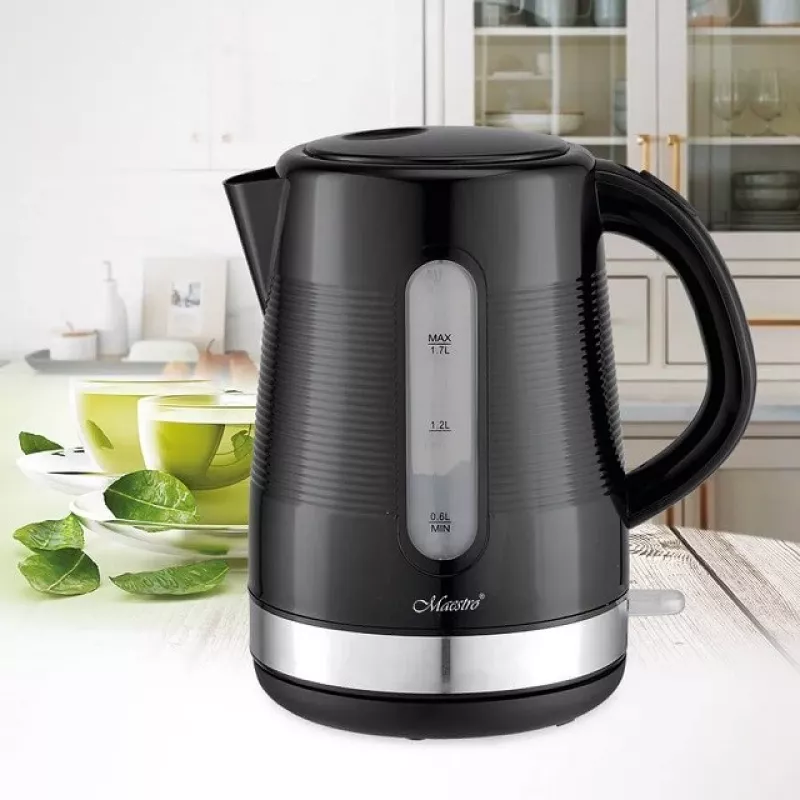 Elektriline veekeetja Maestro 1,7 L 2200 W Must — plastkorpus, nupuga kaas, ergonoomiline käepide