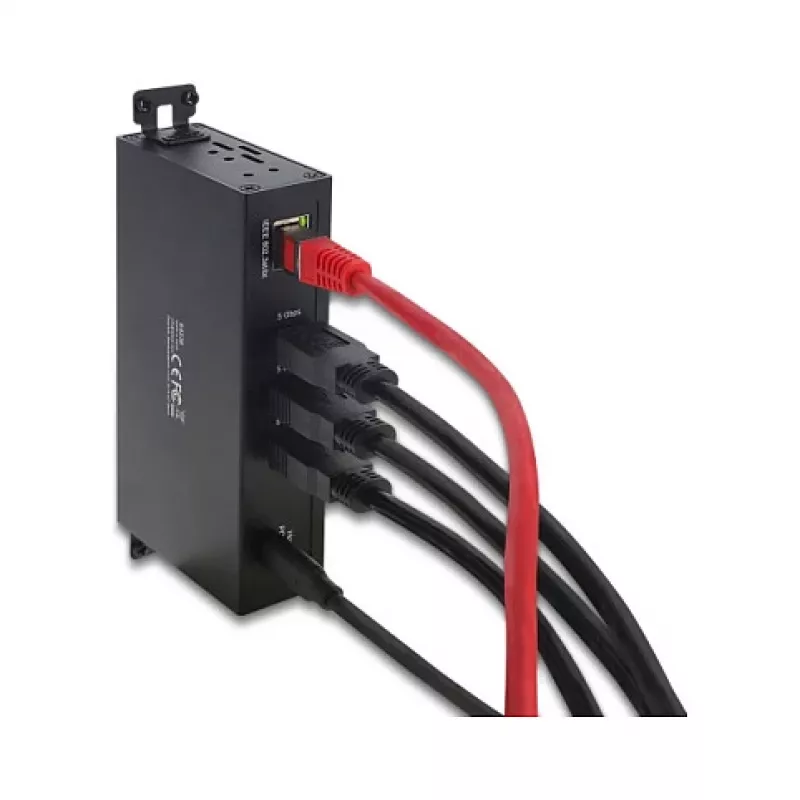 DELOCK USB-jaotur, 3-port 5 Gbps, RJ45 Gigabit PoE++ ja USB USB-C host, metallkorpus, 1,5 kV isolatsioon, must