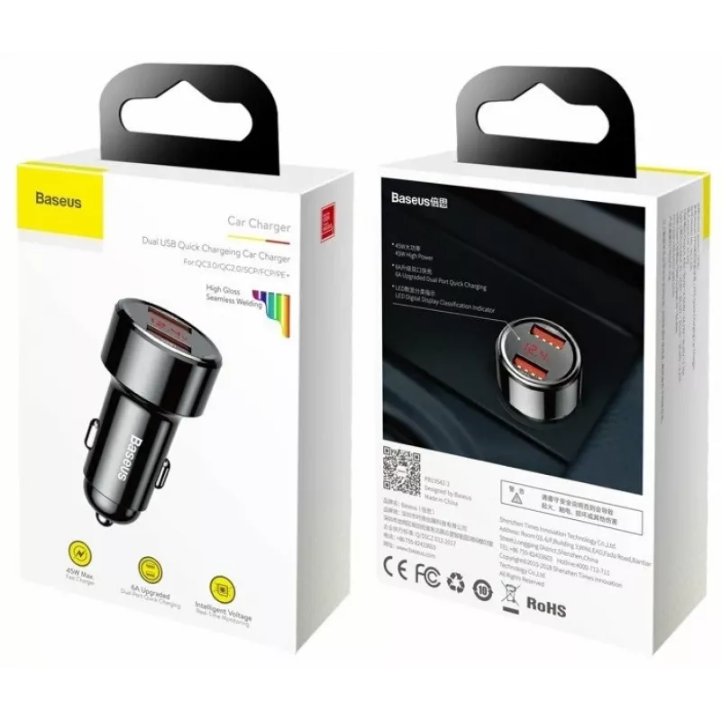 Autolaadur Baseus CCMLC20A-01 — nutitelefonidele, sisend 12–24 V, väljund kuni 20 V, must