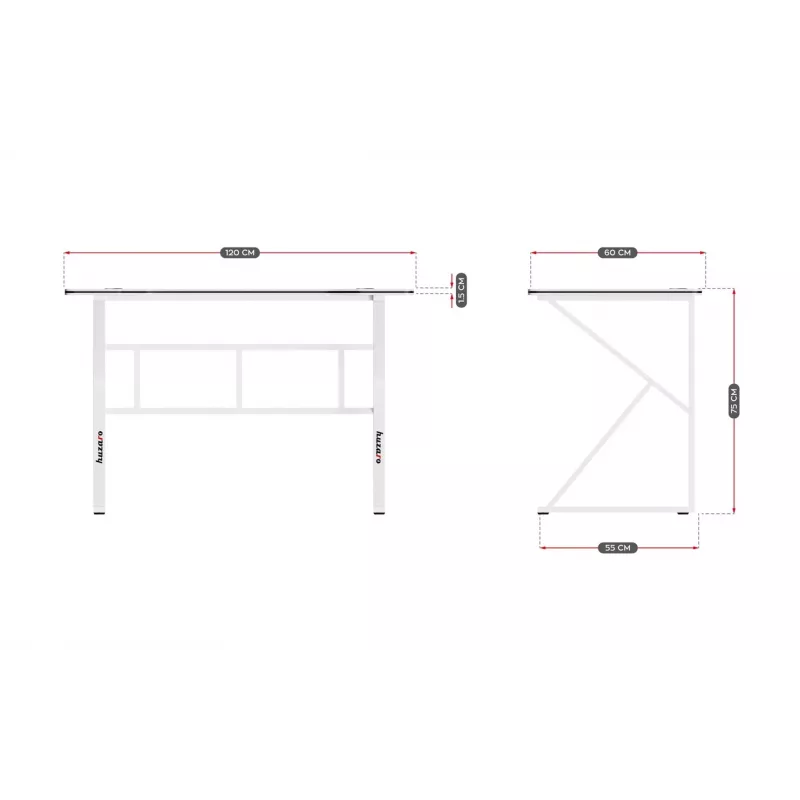Mängulaud huzaro Hero 1.6 Valge — sirge MDF/süsinikkiust lauaplaat 1200×600 mm, metallraam, 750 mm kõrgus