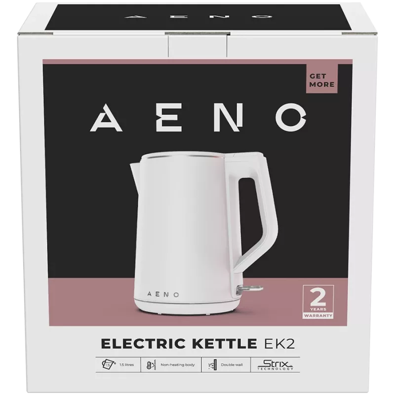 AENO Elektriketel EK2: 1850-2200W, 1,5L, Strix, topeltseinad, mittekuumenev korpus, automaatne väljalülitus, kuivkeemiskaitse