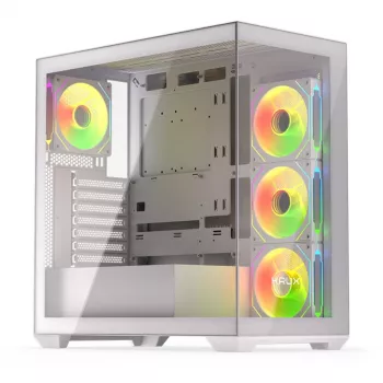 PC Case KRUX Exo RGB Valge — ATX torn, teras, 2x3,5-tollist + 2x2,5-tollist pesa, USB-C, RGB