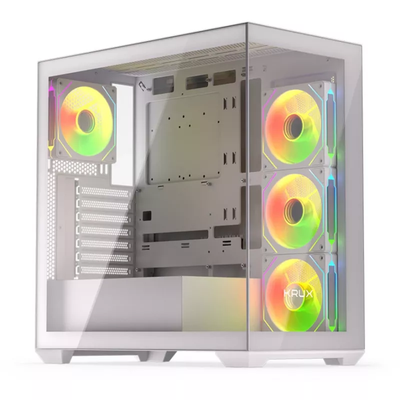 PC Case KRUX Exo RGB Valge — ATX torn, teras, 2x3,5-tollist + 2x2,5-tollist pesa, USB-C, RGB