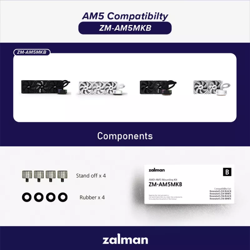 Kinnituskomplekt ZALMAN ZM-AM5MKB AMD protsessoritele, pesa ühilduvus AM5/AM4 emaplaatidega