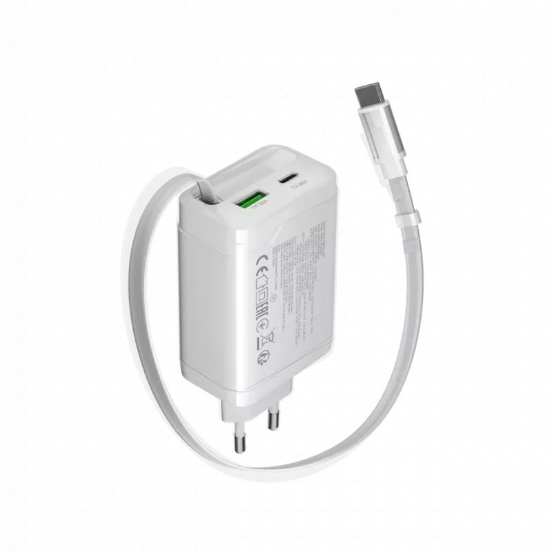 CANYON laadija OnCharge 65RC sisseehitatud USB-C kaabliga 65W, 1x PD, 1x QC, EL pistik, valge