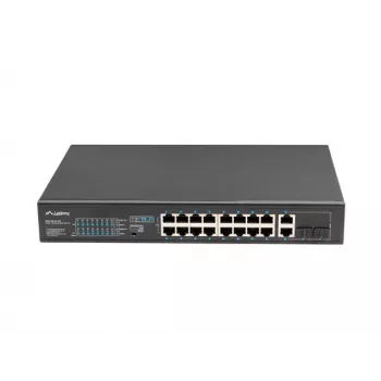 Haldamatu lüliti LANBERG RSFE-16P-2C-150 — 18 pordiga Gigabit, 16 PoE+/2 SFP, 150 W koguvõimsus, 1U riiul, metall, must