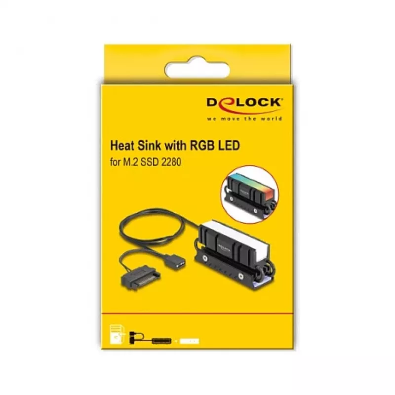 Jahutusradiaator DELOCK 18460 M.2 SSD 2280 jaoks — Alumiinium/Vask, RGB 5V, Must
