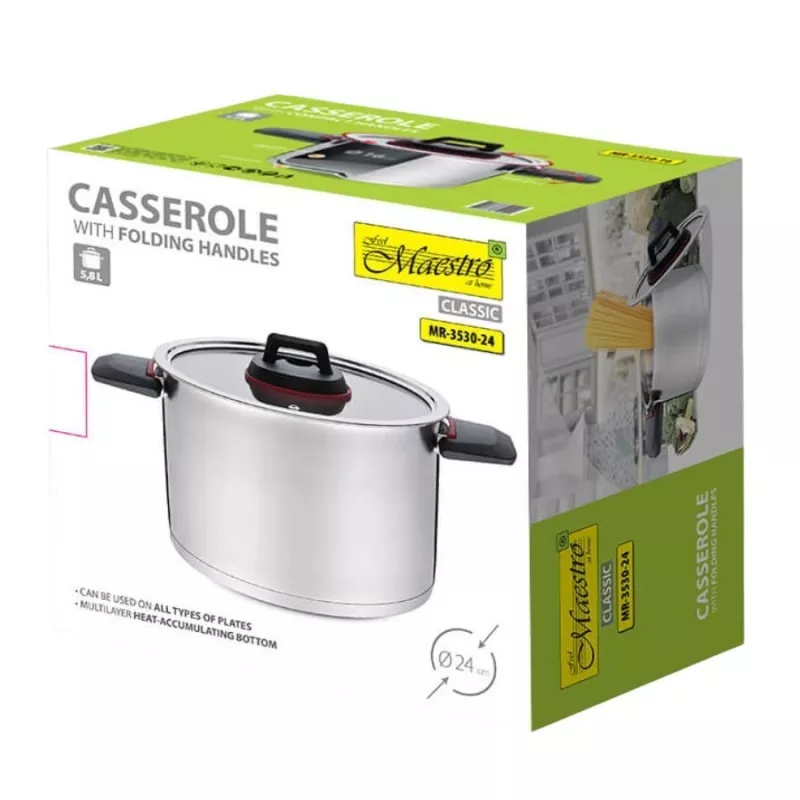Keedupott Maestro MR-3530-24 roostevabast terasest 24 cm, 5,5 L, kokkupandavad käepidemed, klaaskaas