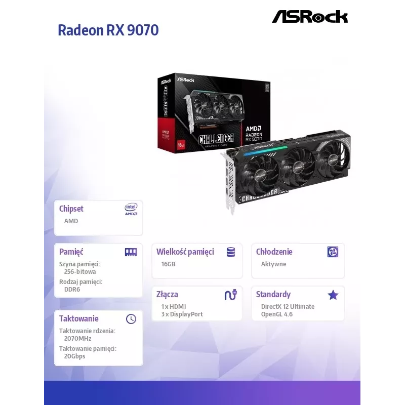 Graafikakaart ASRock Challenger Radeon RX 9070 — 16 GB GDDR6, 256-bit, PCIe 5.0, 3x DisplayPort 2.1a + HDMI 2.1b