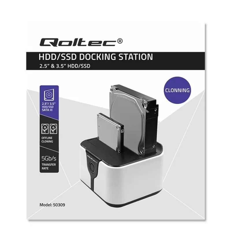 Qoltec 50309 HDD SSD 2.5 3.5 dokkimisjaam | SATA III | USB 3.0 | Superkiirus 5Gb/s | Kloonimisfunktsiooniga