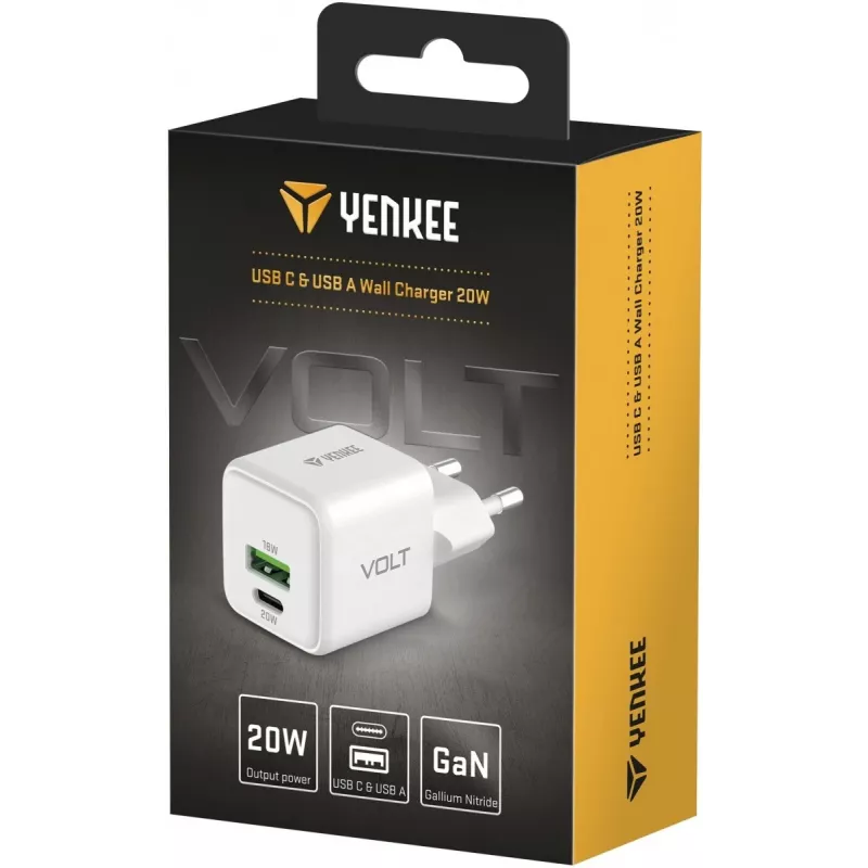 USB C/A võrgulaadur YENKEE YAC G38 20W 3A Power Delivery (USB‑C ja USB‑A)