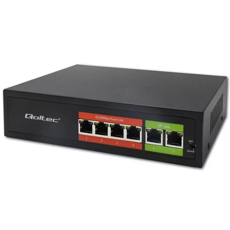 Ethernet PoE lüliti QOLTEC 52289 — 4x RJ45 PoE porti, 2x RJ45 üleslinki, 65W võimsuseelarve
