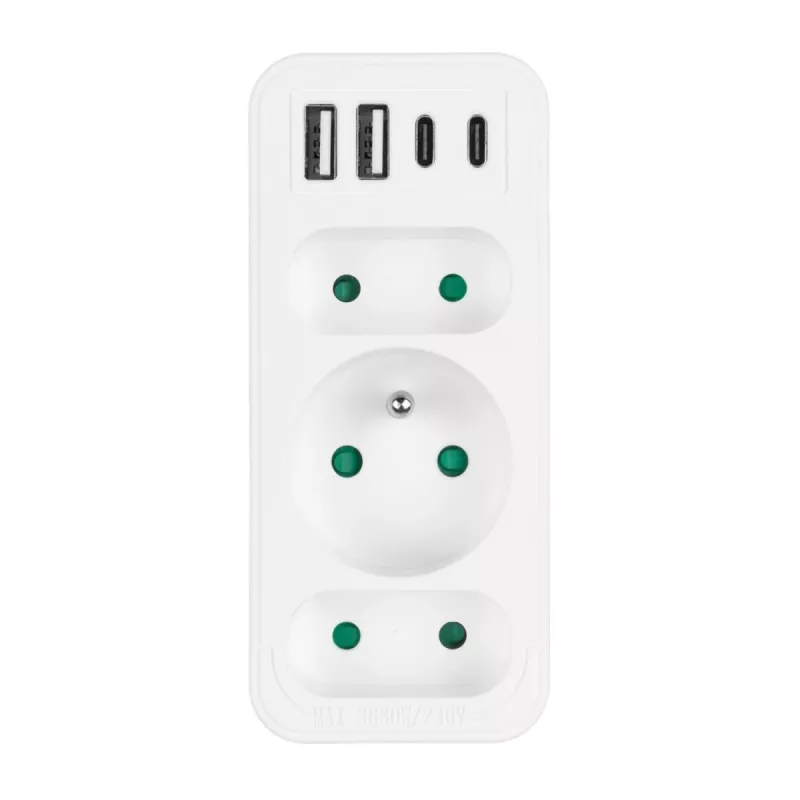Toitepistikupesade jagaja MACLEAN MCE248 F/W — 3 vahelduvvoolu pistikupesa (1×16A, 2×6A) + 4×USB (2×A, 2×C PD 20W), EL-pistik, valge