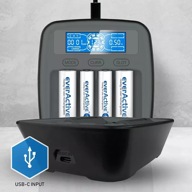 Akulaadija everActive NC1000MV2 — Ni-MH 4-pesaline USB-C laadija, 4 akut, 5 V, must, 110×99×38 mm