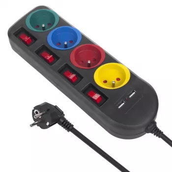Pikendusjuhe MACLEAN MCE229B — 4 vahelduvvoolupistikut, 2× USB-A, 1,5 m kaabel, 10 A, tüüp F, siseruumidesse, must