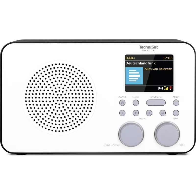 Internetiraadio TECHNISAT VIOLA 2 C IR — Analoog- ja digituuner, DAB+/FM, Wi‑Fi, 3 W, 2,4-tolline TFT, 3,5 mm, must/valge