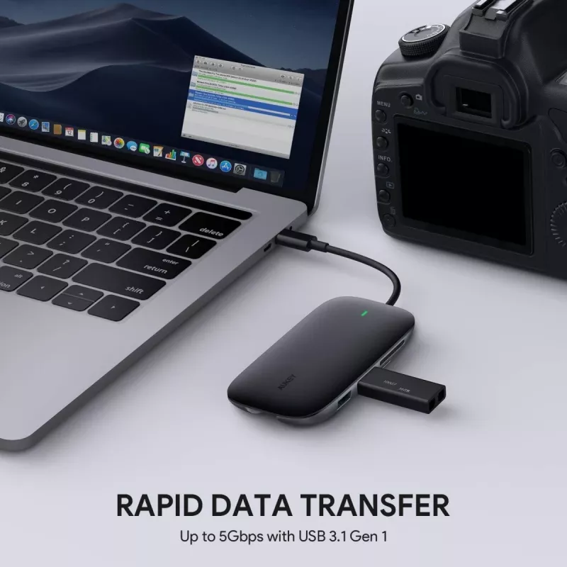 Sülearvuti dokkimisjaam AUKEY CB-C71 — 3× USB-C (USB 3.2 Gen1), HDMI, RJ‑45, MicroSD, USB PD 100W, 0,15 m kaabel, must