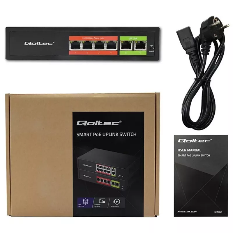 Ethernet PoE lüliti QOLTEC 52289 — 4x RJ45 PoE porti, 2x RJ45 üleslinki, 65W võimsuseelarve