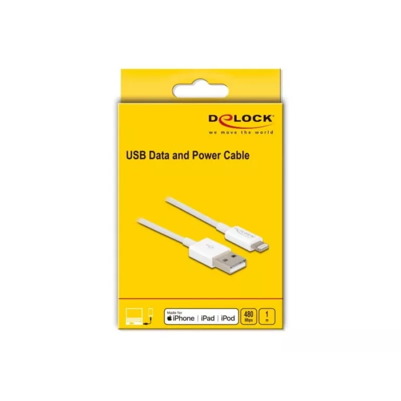 USB-andme- ja laadimiskaabel DeLOCK 83000 iPhone'i, iPadi ja iPodi jaoks, valge, 1 m