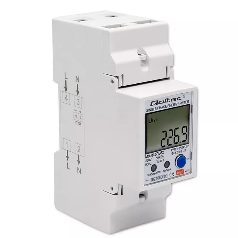 Qoltec 50882 Ühefaasiline elektrooniline energiatarbimise arvesti DIN-liistule | Wi-Fi | TUYA | 230V | LCD