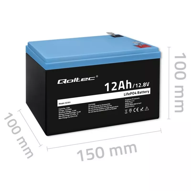 Qoltec LiFePO4 liitium-raudfosfaataku 12,8V 12Ah 153,6Wh BMS-iga