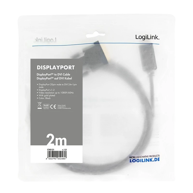 Video kaabli adapter LogiLink CV0131 2m DisplayPort DVI must