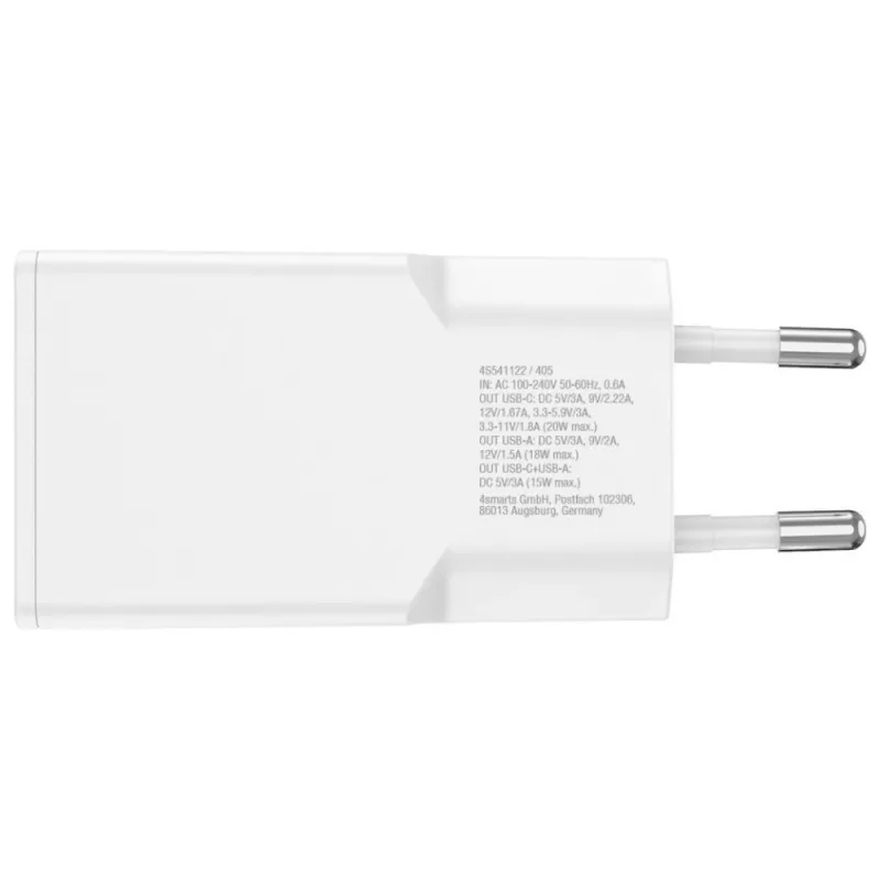Siselaadne mobiilseadme laadija 4smarts 541509 — 100–240 V, USB-A + USB-C, 1,5 m kaabel, kiirlaadimine, valge