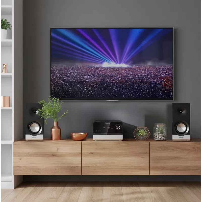Kodune helimikrosüsteem BLAUPUNKT MS40.2BT — 2×50 W RMS, Bluetooth, CD, USB, HDMI ARC, optiline sisend, LED-ekraan (must)