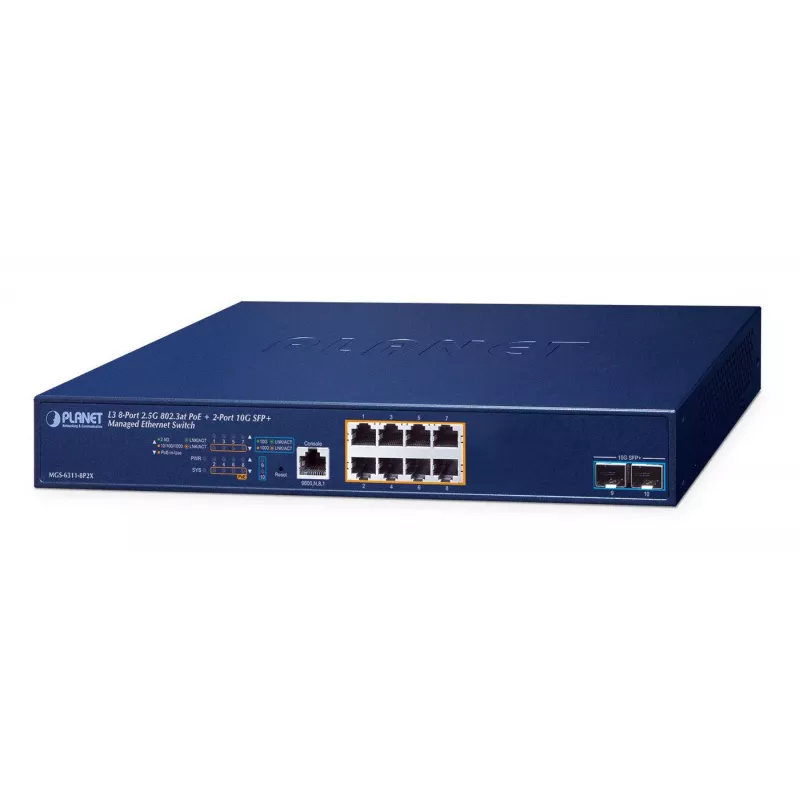 PLANET Layer 3 - 8-Port 2.5GBASE-T Hallatav L3 2.5G Ethernet (100/1000/2500) Power over Ethernet (PoE) 1U Sinine (MGS-6311-8P2X)