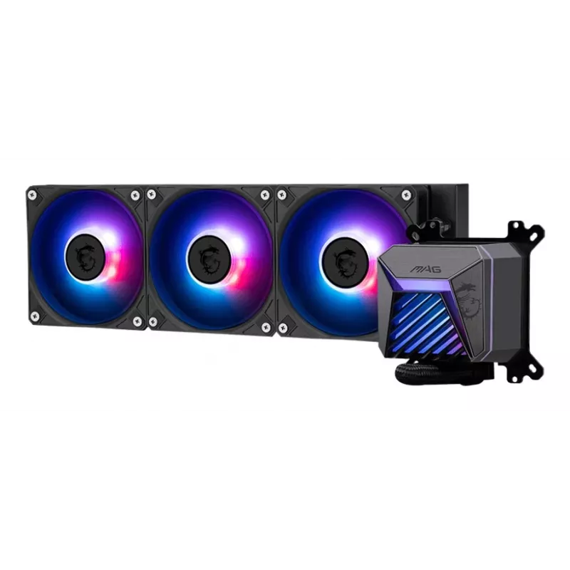 All-in-one vedelikjahuti MSI MAG Coreliquid A15 360 — 3x 120 mm ventilaatorit, radiaator 394 x 120 x 27 mm, pump 5V, RGB, toetab LGA 1851