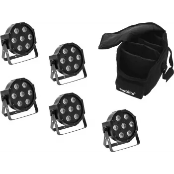 LED-kohtvalgustite komplekt EUROLITE SLS-7 HCL 5x koos pehmekotiga — 5 kompaktset LED-kohtvalgustit, HCL-tehnoloogia, pehme kandekott