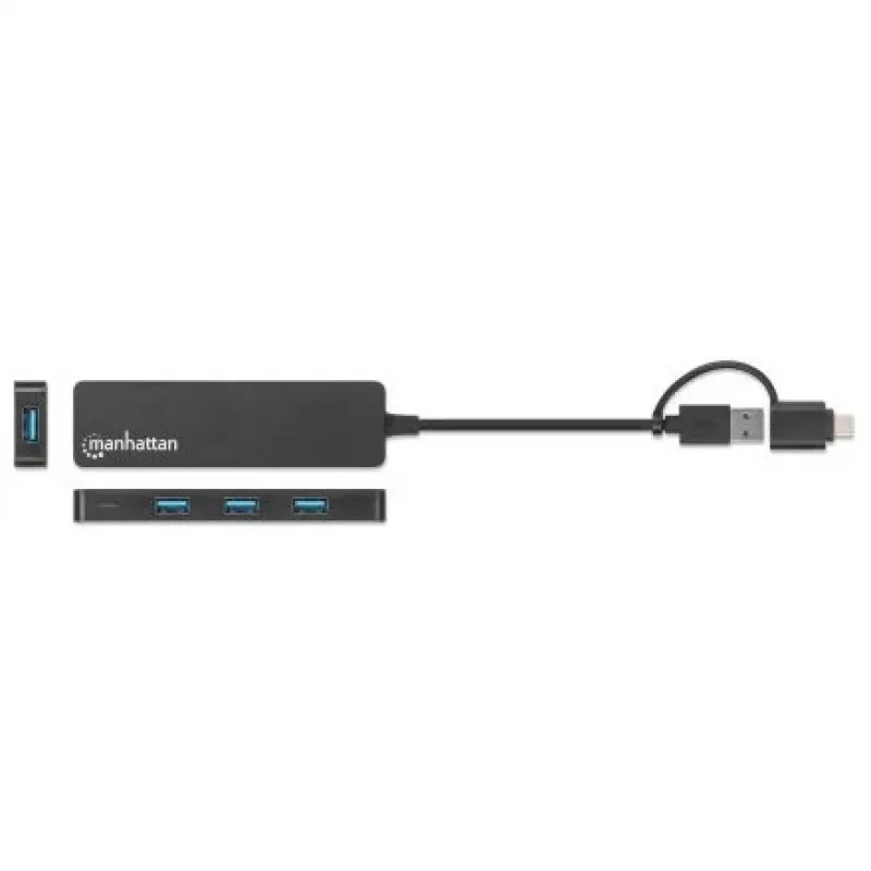 Manhattan USB-C & USB-A Combo Dock/Hub, pordid (4): USB-A (x4), 5 Gbps (USB 3.2 Gen1 ehk USB 3.0), USB-toitega (välist toiteallikat pole vaja)