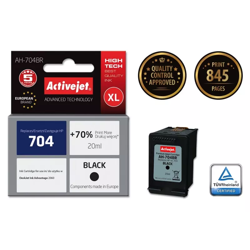 Tindikassett ActiveJet AH-704BR Must — Ühilduv Kõrge (XL) Mahutavus, Pigment 20 ml, Asendus HP 704 CN692AE jaoks