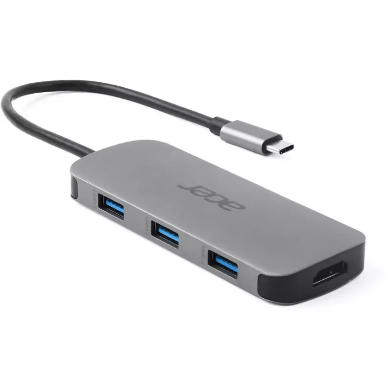 7-ühes USB-C dongel Acer — USB 3.2 Gen 1 USB-C, 3x USB-A, HDMI, SD/microSD, 100 W PD, hõbedane