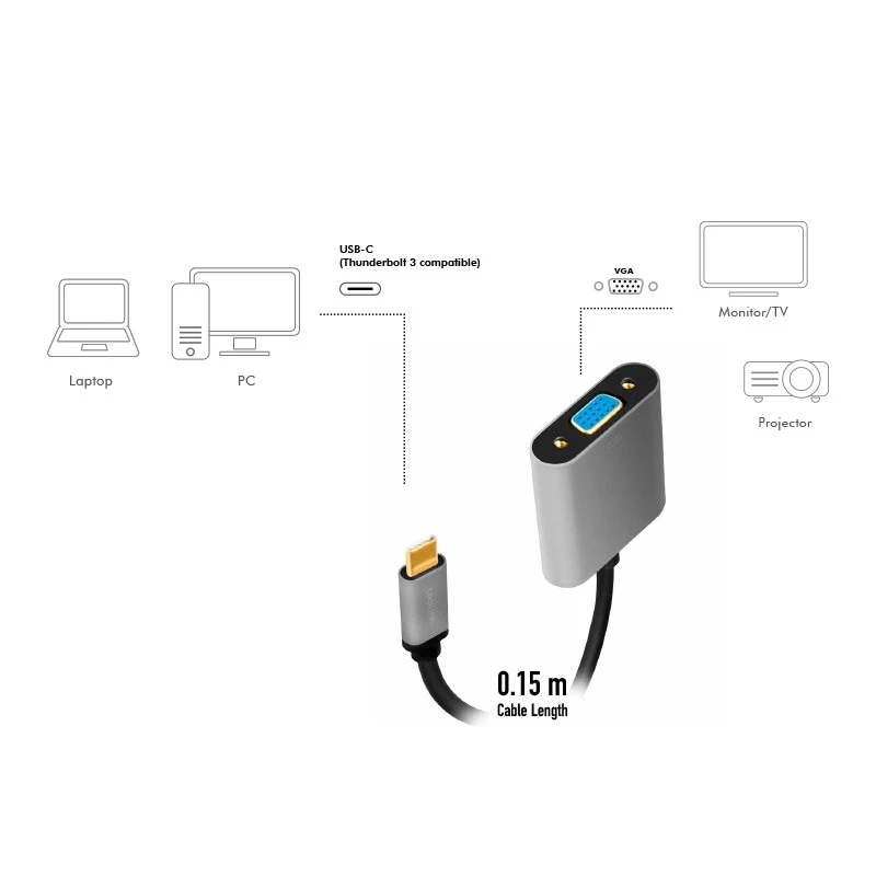 USB USB-C – VGA (D-Sub) videoadapteri kaabel LOGILINK CUA0104 0,15 m, hall/must