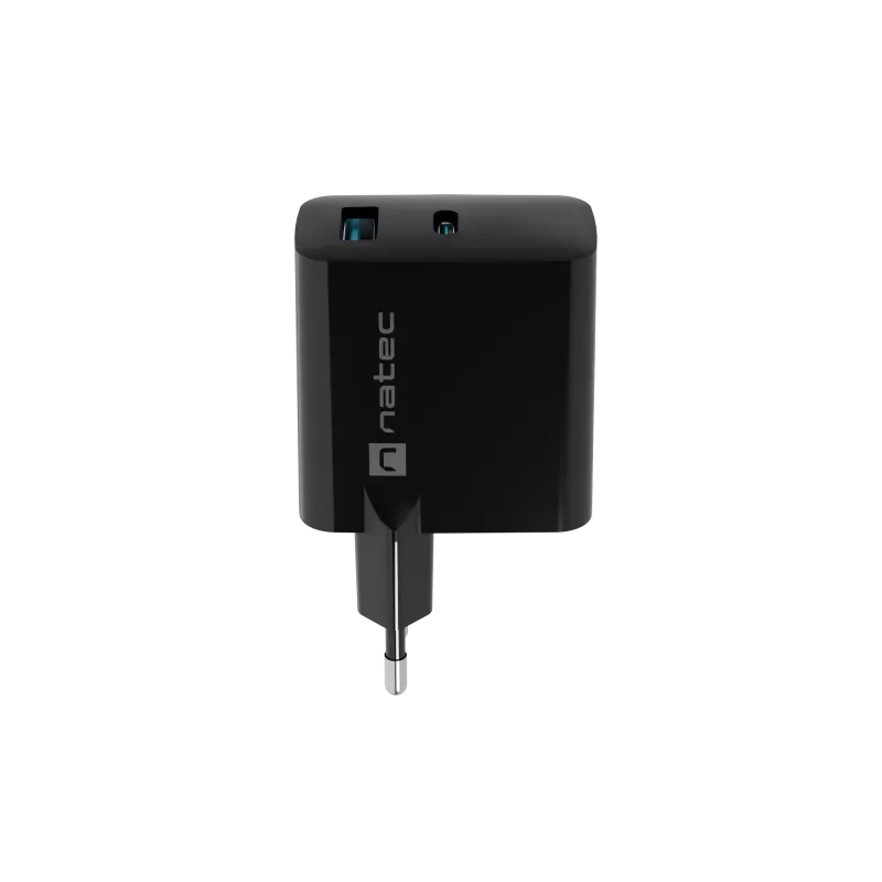 Juhtmega mobiilseadme laadija NATEC NUC-2145, 65W, USB-C PD 3.0 + QC 3.0, 1x USB-C, 1x USB-A, 110–240 V, must