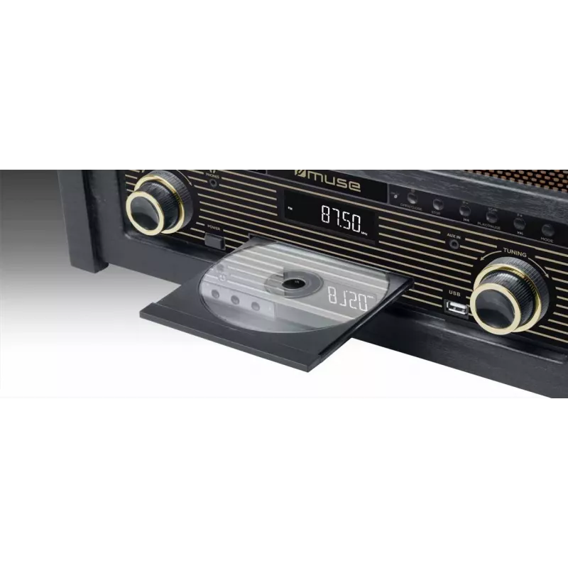 Plaadimängija muse MT-115 W — must/kuldne, 33-45-78 RPM, J-kujuline toonhoob, pöörlev helitugevus, 240 V AC
