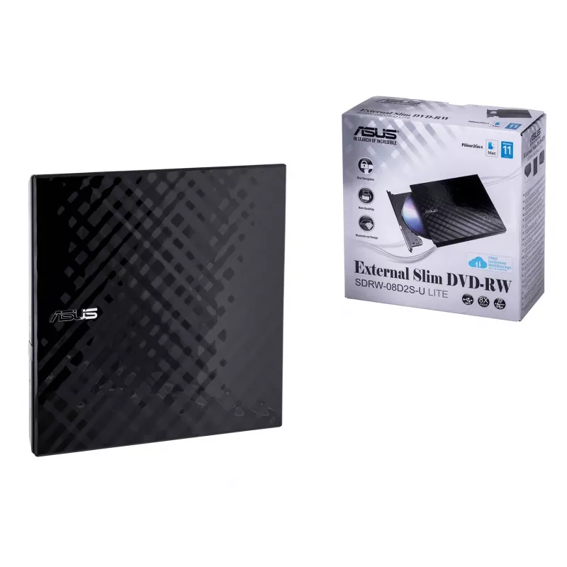Väline DVD±RW optiline kettaseade ASUS SDRW-08D2S-U Lite, USB 2.0, must, 24x CD / 8x DVD, 142×142×20 mm