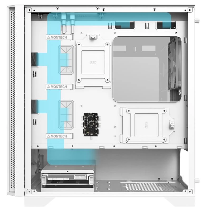 Montech AIR 100 ARGB MICRO-ATX korpus nelja eelpaigaldatud ARGB ventilaatoriga, üliminimalistlik disain, peen võrgust esipaneel, kõrge õhuvool, unikaalne külg
